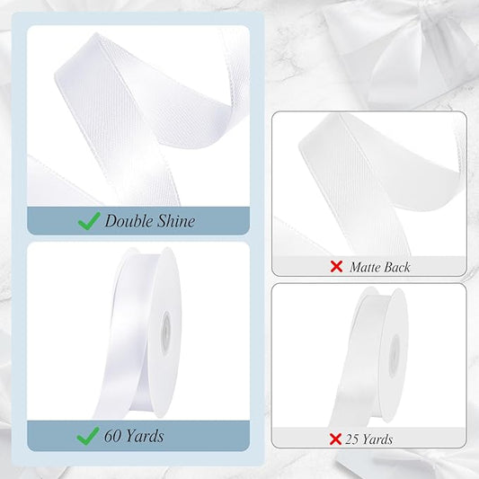 White Ribbon 1 inch 60 Yards Double Faced White Satin Ribbon for Crafts DIY Hair Chair Cheer Bows Gift Wrapping Christmas Bedroom Decor Flower Bouquet Wedding Invitation