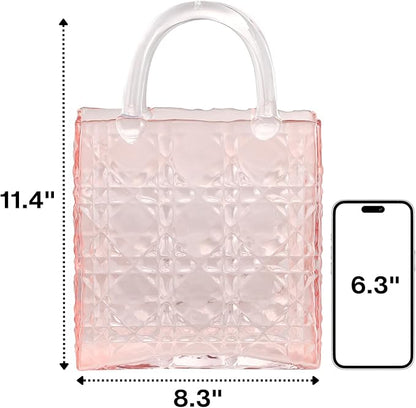 Purse Vase, Glass Bag Vase, Glass Purse Vase for Flowers, Pink Vases, 12 Inch Large Flower Vase with Embossed Pattern for Wedding, Living Room, Bedroom, Table, Office(Tote)