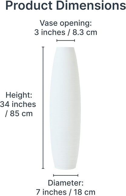 Leewadee Large 34″ Tall Floor Vase, White - Handcrafted Mango Wood for Pampas & Dried Stems
