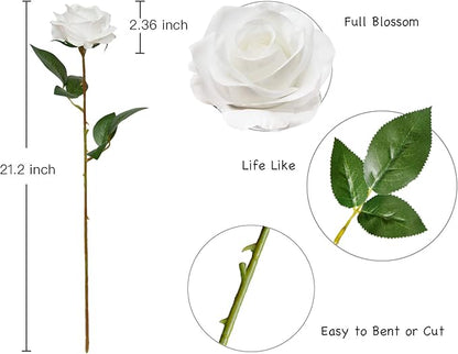 DuHouse 10pcs Fake Roses Artificial Silk Flowers Faux Rose Flower Long Stems Bouquet for Arrangement Wedding Centerpiece Party Home Kitchen Decor (Pure White)