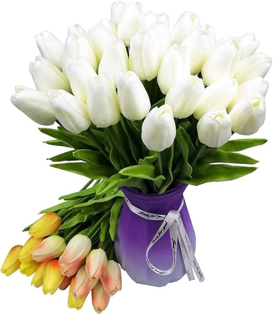 NIDONE Artificial Tulips Flowers Real Touch Tulips Holland PU Bouquet Latex Flower White for Wedding Party Office Home Kitchen Decoration 30pcs (White)