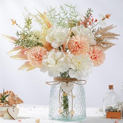 Silk Flowers with Vase, Artificial Flowers Arrangement with Glass Vase Faux Peony Hydrangea for Decoration Table Centerpiece (Peony White Pink)