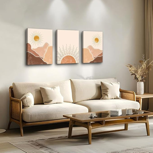 Boho 3 Piece Large Size Canvas Wall Art - Minimalist Abstract Mountain Sunshine Paintings For Living Room, Bedroom, Office & Children's Room Decor