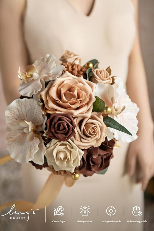 Ling's moment Bridesmaid Bouquet Set of 4, Brown & Beige Wedding Bouquets for Bridesmaids, 7 Inch Nut Brown Bridal Bouquets for Bridesmaids, Wedding, Ceremony, Anniversary, etc.