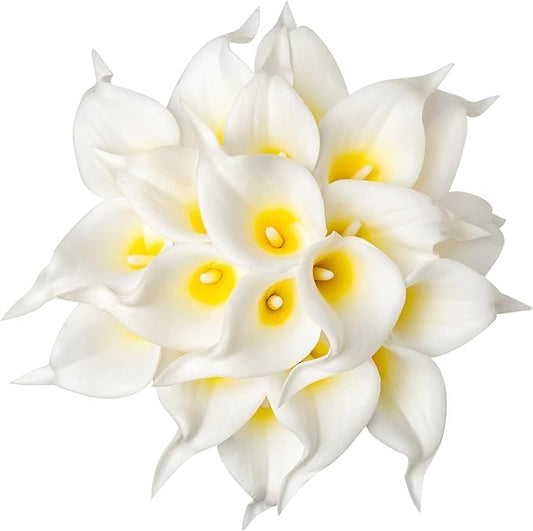 DuHouse 20Pcs Artificial Calla Lily Flower Real Touch Latex Flowers for DIY Wedding Bouquet Party Home Decor (White Yellow)