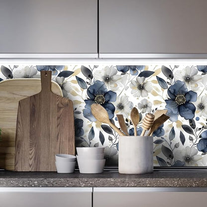 Floral Peel and Stick Wallpaper - Vintage Dark Blue/Gray Flower Removable Boho Wallpaper for Bedroom Bathroom - Renter Friendly Contact Paper - 17.71'x118.1'