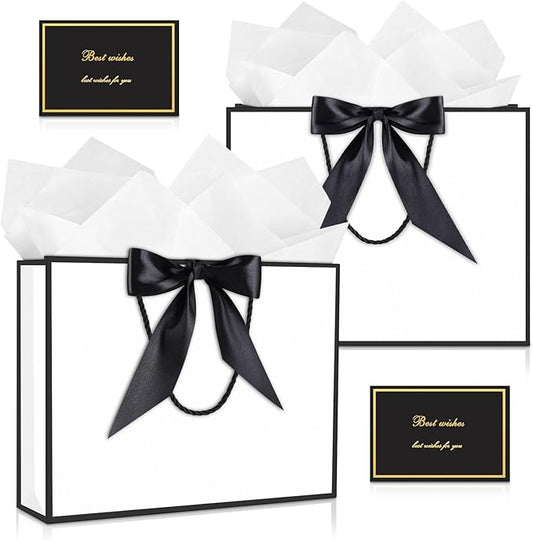 JMANNI Gift Bag, Medium Gift Bags with Tissue Paper, 2Pcs Gift Bags Medium Size with Handle and Bow Ribbon for Any Birthday, Weddings, Mothers Day & Special Occasion 11''x7.87''x4'' (Black-White)