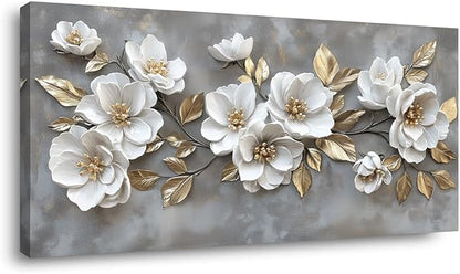 LAVIKARS Modern Gray Flowers Wall Art for Living Room Office White and Golden Floral Landscape Canvas Painting Prints Large Delicate Petals Artwork Kitchen Home Bedroom Decor (20x40 Inches)