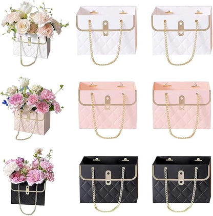 NADUSEP 6pcs Flower Paper Gift Box, Bouquet Storage Bucket Florist Handbag with Metal Chain Gift Case, Flower Boxes for Arrangements Wedding Valentine's Mother's Day Birthday Bridal Shower Graduation Anniversary Thanksgiving Christmas