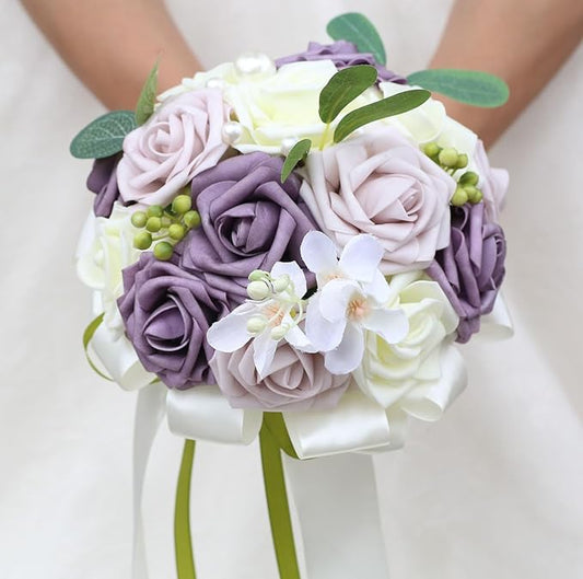 Lightweight Bridal Wedding Bouquet Round Holding Bouquet Throw Toss Artificial Rose Flower Bunch for Bride Bridesmaid Wedding Quinceanera (Cream, Deep Taro & Light Taro, 9.1")