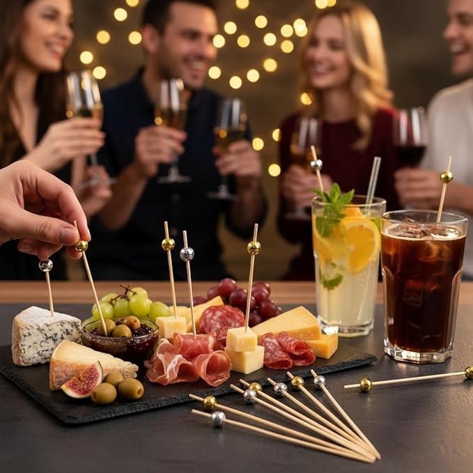 200 Pcs Gold Pearl Cocktail Picks Silver Ball Toothpicks for Appetizers 4.7 Inch Fancy Bamboo Skewers Sticks for Drinks Fruit Sandwich Wedding Charcuterie Party Decor