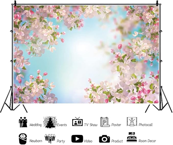 Renaiss 8x6ft Pink Floral Backdrop Romantic Cherry Blossom Blue Sky Sunshine Nature Scenery Polyester Photography Background for Wedding Kids Baby Birthday Party Decor Photo Props