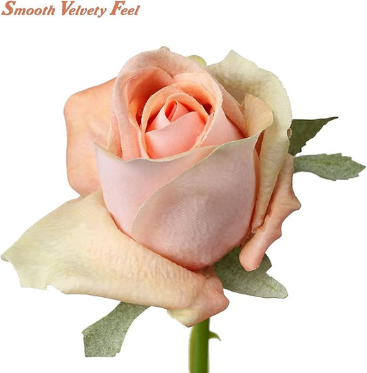 DILATATA Artificial Realistic Roses Peach Flowers 24" Real Touch Silk Roses Bouquet Long Stems Rose Fake Roses Decor for Home Party Wedding Table Centerpieces Roses Realistic - 5 Pcs