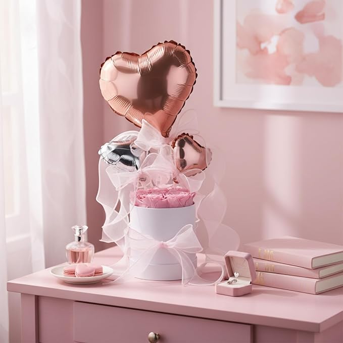 Pink Preserved Roses in Box 7 Preserved Forever Flower in a Round Box Last 1-3 Years with Heart Balloon Christmas Surprise Gift for Women Loved One Mom Valentines Anniversaries Need Assembly