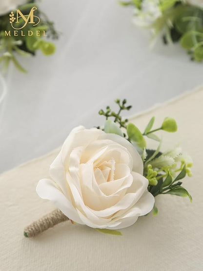 Meldel Boutonniere for Men Wedding, Set of 6, Artificial Champagne Rose Flower Corsage for Groom and Best Man, Ceremony Anniversary Formal Dinner Party, Fall Vintage Rustic Marriage Prom Decor