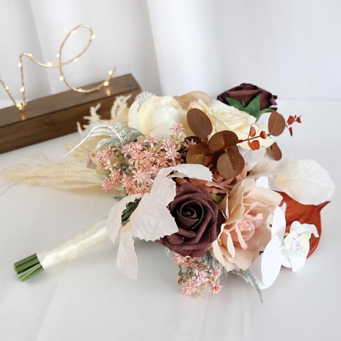 S_SSOY Wedding Bouquet Bride,Bride Bridal Bouquet Bridesmaid Artificial Flowers for Ceremony Anniversary Party Bridal Shower Decoration Wedding Bouquets (Caramel Champagne)