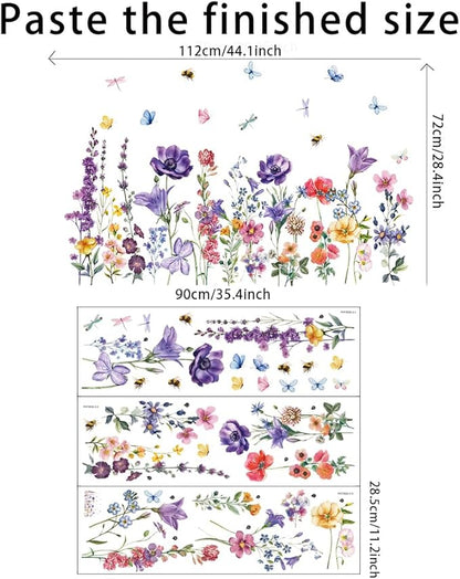 Colorful Wildflower Wall Stickers Spring Flower Butterflies Dragonflies Floral Botanical Wall Decals Peel and Stick Wall Art Stickers for Baby Nursery Girls Bedroom Kids Room Wall Decor