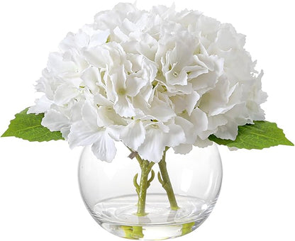 Artificial Hydrangea with Fake Water in Vase, Real Touch Faux Flowers, Silk Fake Hydrangea Flower Arrangement with Faux Water for Home Office Bathroom Wedding Table Centerpiece Decor(White)