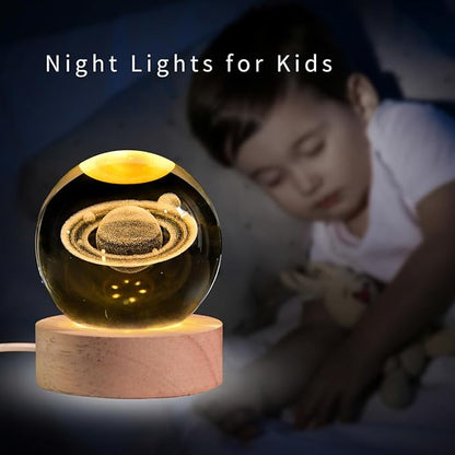 3D Saturn Crystal Ball with LED Stand, 60mm Glass Sphere Decorative Balls Lamp, Space Planet Model Galaxy Night Light Gifts for Women Kids
