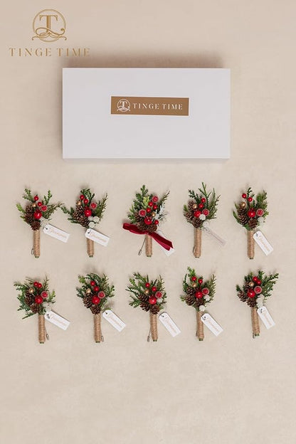 TINGE TIME Boutonniere for Men, Groom and Best Man Boutonniere for Wedding Ceremony Anniversary, Formal Dinner Party and Rustic Xmas Wedding Marriage (Christmas Red)