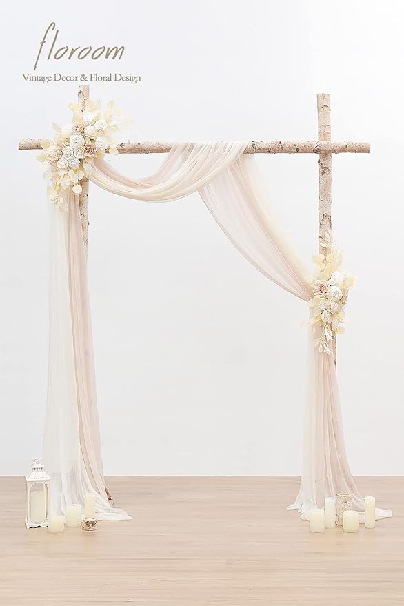 Floroom Arch Flowers with Drapes Kit (Pack of 4) - 2pcs Artificial Cream Floral Swag Arrangement with 2pcs Draping Fabric for Wedding Ceremony Arbor and Reception Backdrop Decoration
