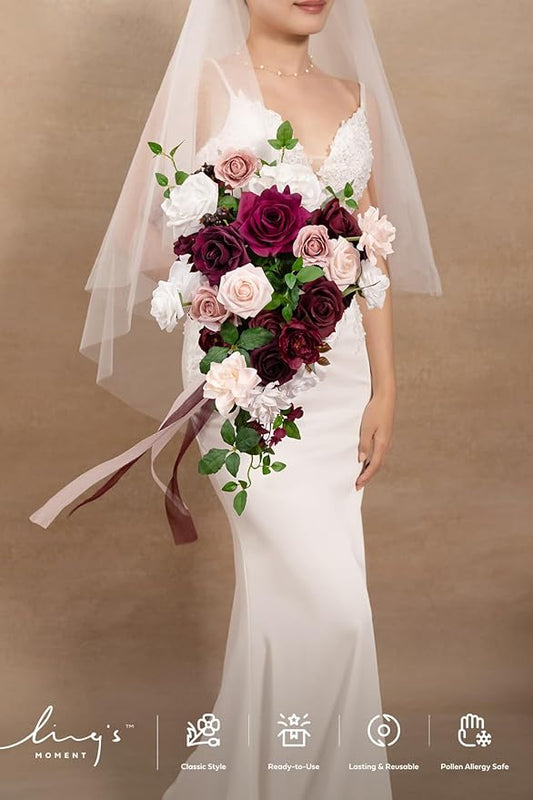Ling's moment Red Bridal Bouquet Cascading, Burgundy Wedding Bouquets for Bride, 13 Inch Bride Bouquets for Wedding Artificial Flowers Bouquets