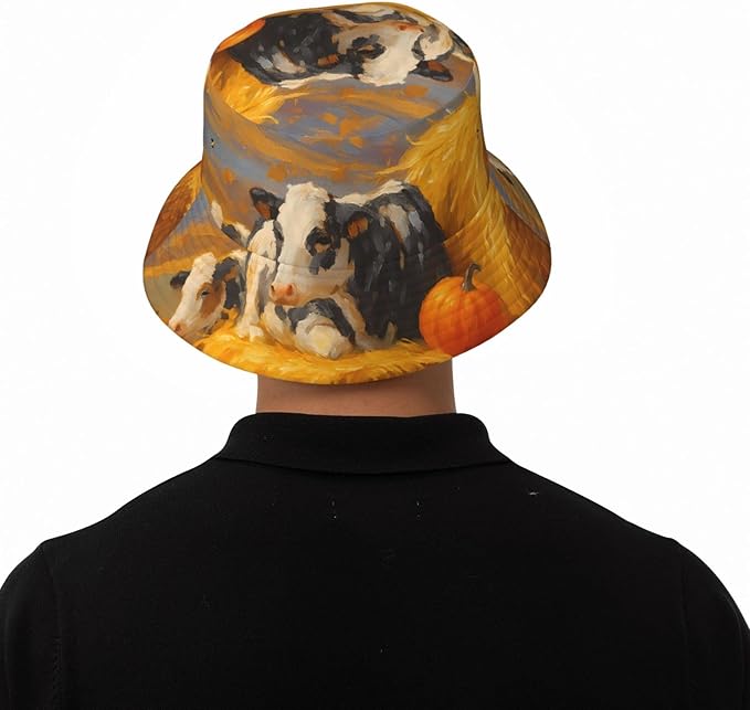 Rustic Autumn Cows and Pumpkins Bucket Hat Novelty Sun Hats Trendy Fisherman Cap for Men and Women