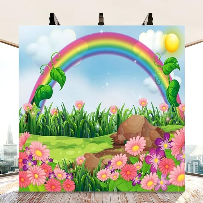 AOFOTO 10x10ft Cartoon Spring Flowers Rainbow Backdrop Meadow Sweet Floral Blossom Sky Sun Enchanting Garden Scenery Background for Kids Baby Shower Birthday Party Decor Wallpaper Photoshoot Props