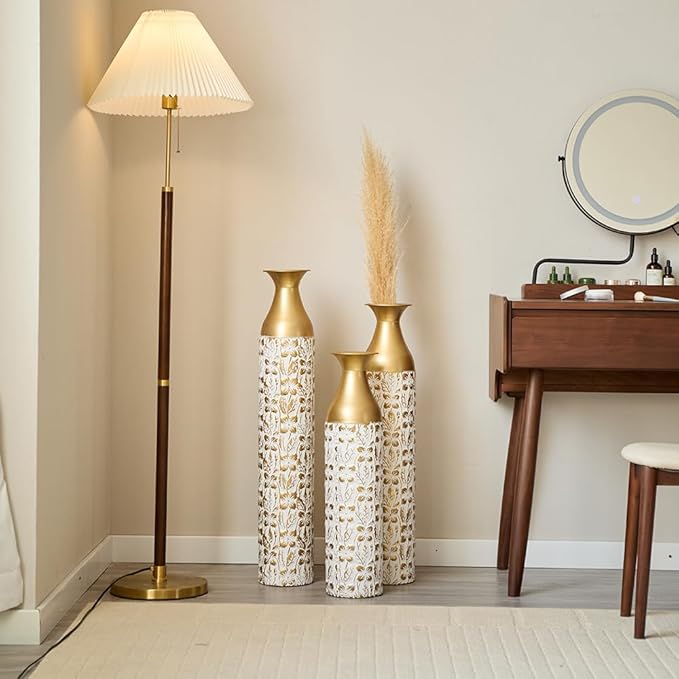 Floor Oversized Gold Metal Decorative Vase with 3D Triangle Pattern Set of 3 Large Vases for Home Living Room 33.5 ", 29.5 ", 25.2" High (Matt White+Gold)