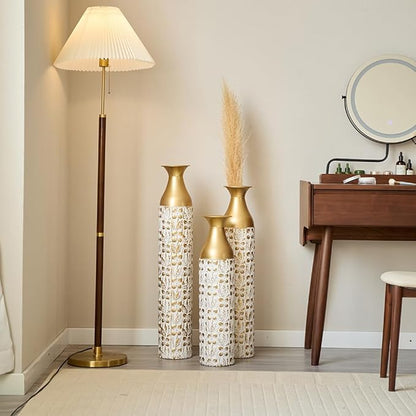 Floor Oversized Gold Metal Decorative Vase with 3D Triangle Pattern Set of 3 Large Vases for Home Living Room 33.5 ", 29.5 ", 25.2" High (Matt White+Gold)