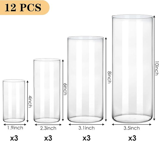 Fixwal 12pcs Clear Glass Cylinder Vases, 4, 6, 8, 10 Inch Tall Cylinder Vases for Centerpieces, Glass Flower Vase Floating Candle Holder Vase for Table Shelf, Party, Wedding, Home Decor