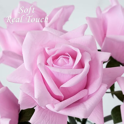 10pcs Light Pink Real Touch Roses, Lifelike Full Bridal Bouquet Artificial Flowers for Flower Arrangement Home Spring Party Wedding Decoration