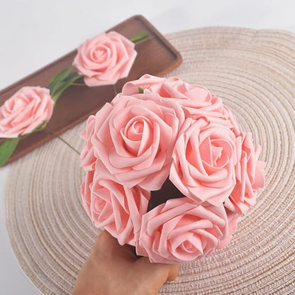 homEdge Artificial Rose, 25pcs Foam Artificial Flowers with Stem for Home Decorations, Wedding Bouquets, Party, Certerpieces, Anniversaries-Blush