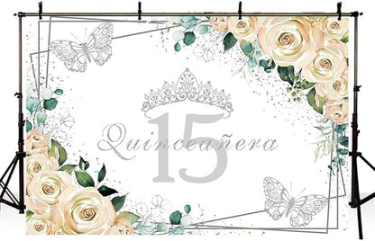 SENDY 10x7ft Quinceañera Backdrop Mis Quince 15 Anos Birthday Party Decorations Supplies for Girl Princess White Floral Silver Crown Butterfly Photography Background Banner Photo Booth Studio Props