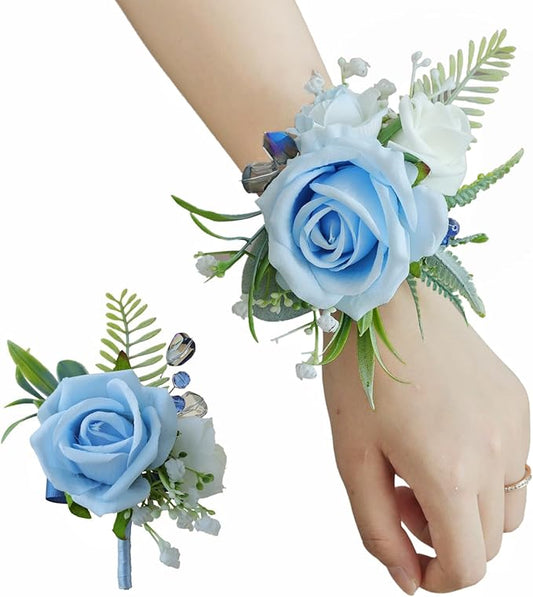Dusty Blue Corsage and Boutonniere Set, Prom Wedding Homecoming Wrist Corsage Wristlet and Boutonniere Set for Grooms Groomsmen Guest Bridal Bridesmaid Artificial Flower Suit Decoration