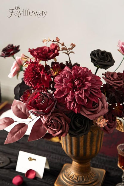 Artificial Flowers, Burgundy Silk Flowers for Centerpieces Decoration, Fake Cake Flowers for DIY Wedding Bridal Bouquets Home Party Floral Arrangement Decor