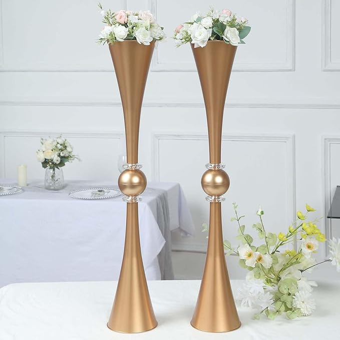 Efavormart 2 Pack | 31" Gold Crystal Embellishment Trumpet Table Centerpiece, Reversible Plastic Flower Vase