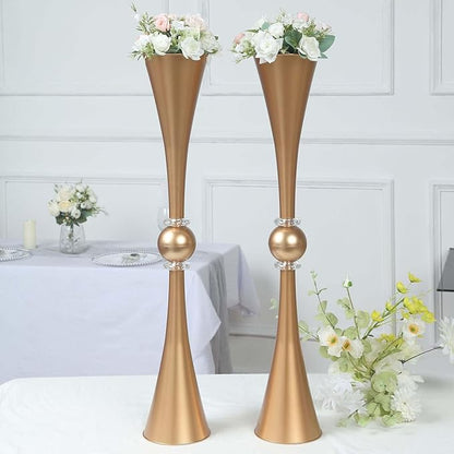 Efavormart 2 Pack | 31" Gold Crystal Embellishment Trumpet Table Centerpiece, Reversible Plastic Flower Vase