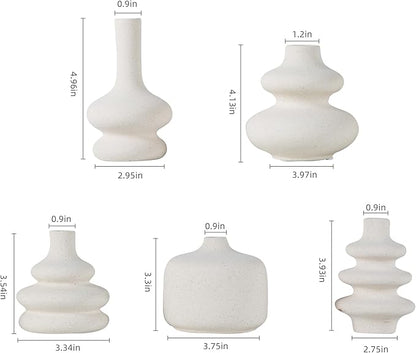 Small White Ceramic Vases Set of 5, Mini Decorative Boho Vases for Flower, Wedding & Home Decor
