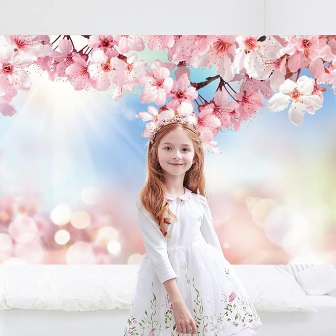 Renaiss 12x10ft Cherry Blossom Floral Backdrop Pink Flower Sunshine Bokeh Romantic Nature Scenery Photography Background for Wedding Bridal Shower Birthday Party Decor Photo Booth Props