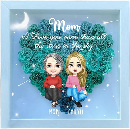 Personalized Mom Flower Shadow Box Custom Heart Shaped Rose Flower Shadow Box Frame I Love You More Than All The Stars in The Sky Mother's Day Portrait Shadowbox Memory Gifts for Mom from Daughter