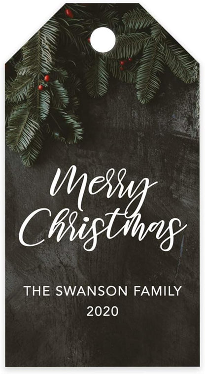 Andaz Press Personalized Christmas Holiday Season Classic Gift Tags, Merry Christmas Custom Family Name and Year, Green Christmas Tree Branch Design, for Holiday Events, Parties, and Favors, 60-Pack