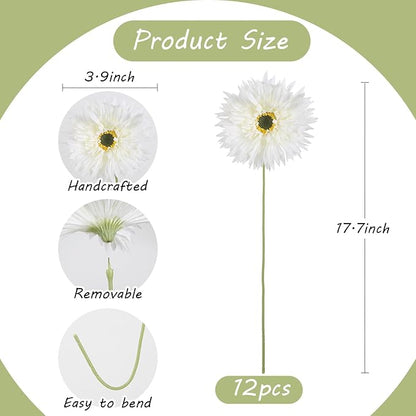 12pcs Gerbera Daisy Artificial Flowers 17.7’’ White Faux Daisies Silk Flowers with Stems for Wedding Bouquet Home Party Garden Outdoor Decoration(White)