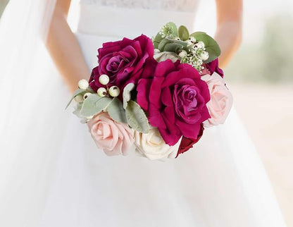 Hot Pink Roses 16pcs Artificial Velvet Roses Head Bulk Silk Flowers 4.3" Hot Pink Artificial Roses with Stems for Wedding Flowers for Centerpieces Home Party Decor (Hot Pink)