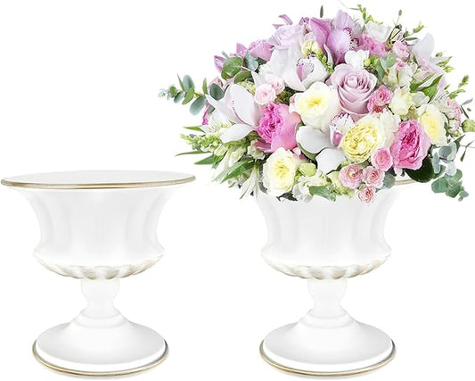 White Vase for Centerpieces Compote Bowl: Wedding Pedestal Vase 5.9 Inch Metal Flower Urn for Table Party Home Decor Set of 2
