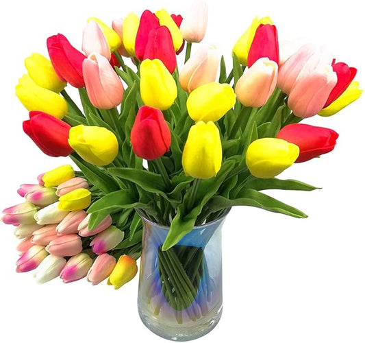 30pcs Artificial Tulips Flowers Real Touch Multicolored Tulips Fake Holland PU Tulip Bouquet Latex Flowers for Wedding Party Office Home Kitchen Decoration (Pink Yellow Red)