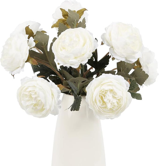 IPOPU 10pcs White Peonies Artificial Flowers Real Touch Silk Peonies with Stems Fake Peony for DIY Wedding Bouquets Bridal Shower Centerpieces Arrangements Party Tables Decorations