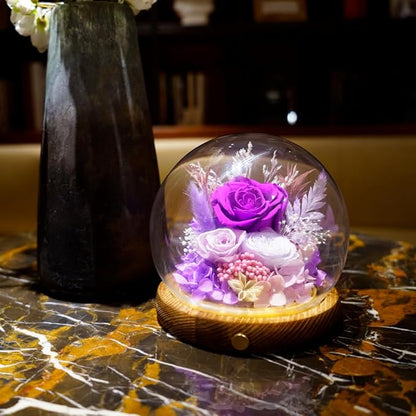 Preserved Real Rose Flowers in Glass Dome with LED Lights,Real Rose Flowers Unique Floral Gift for Girlfriend Mom Wife Girlfriend on Christmas Birthday Anniversary (Aurora Purple)