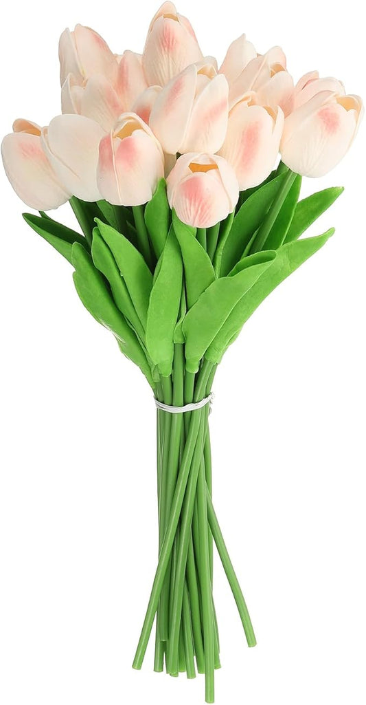 uxcell 20pcs Tulips Artificial Flowers, Faux Flowers Silk Fake Tulip Stems Real Touch for Wedding Bouquet Centerpiece Table Party Decoration(Light Peach Pink)