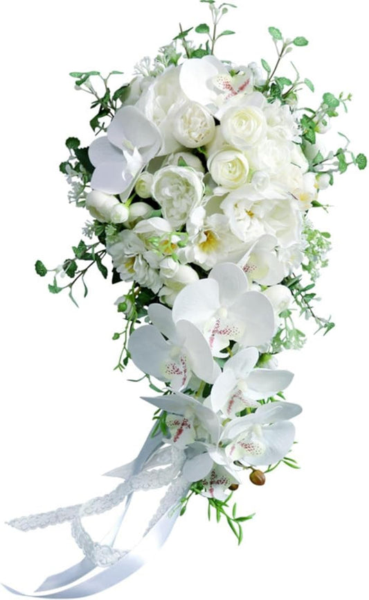 Wedding Cascading Bridal Bouquet, White Phalaenopsis Water Drop Waterfall Bridal Bouquet Artificial Flowers Roses Bride Bouquet for Wedding Party Bridal Shower Church Home Decoration